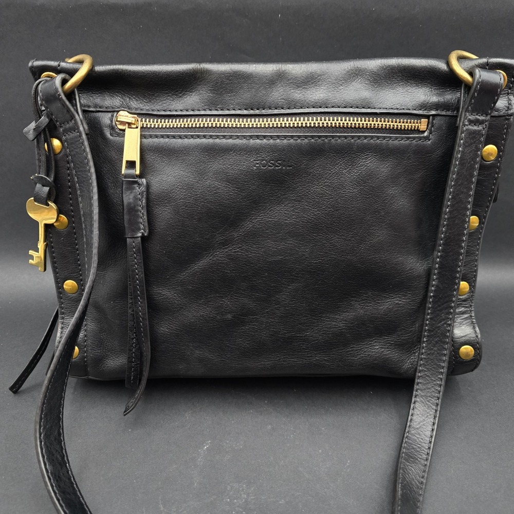 Fossil Black Leather Studded Crossbody Bag ZB7896 Brass Hardware